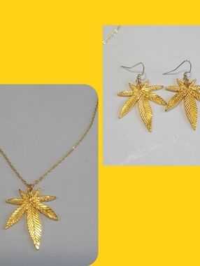 Bright Gold Pot Leaf Necklace & Earrings Set